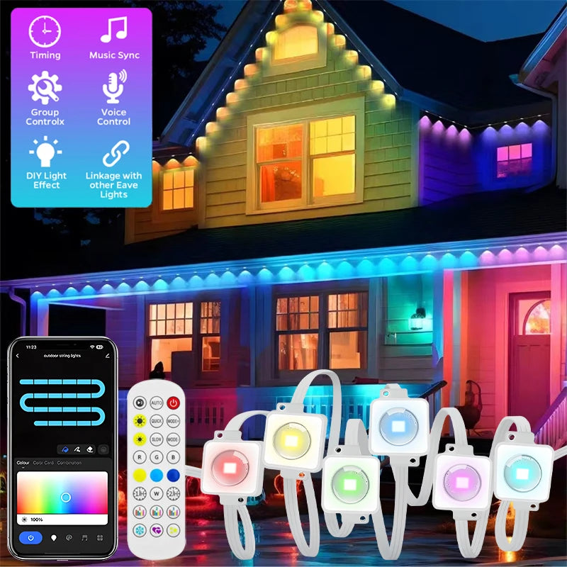 100FT 60 LED Permanent Outdoor Eaves LED Lights Waterproof RGB String Lights DIY Scene Christmas Birthday Holiday Party Lighting