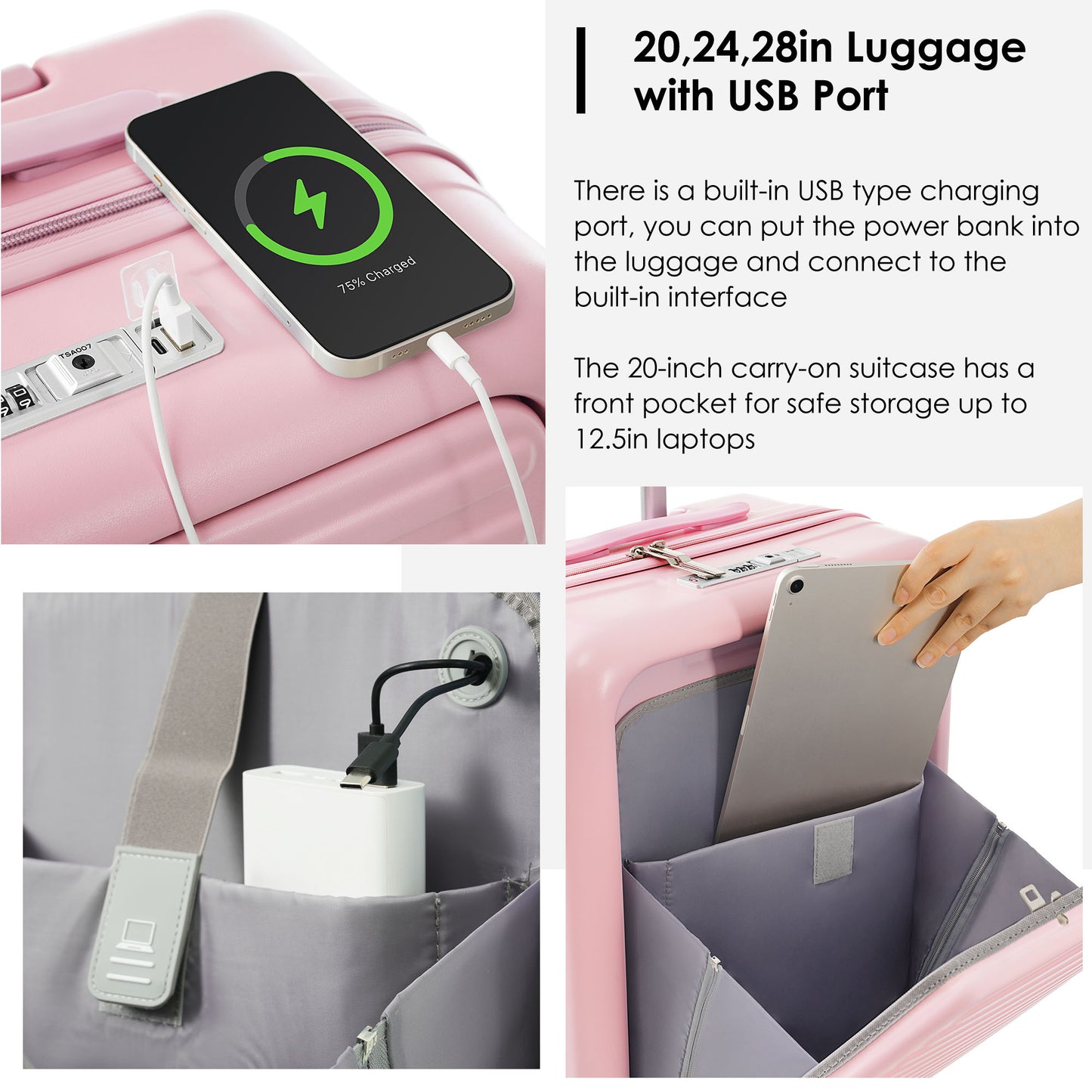 Luggage Set of 3, 20, 24, 28 inch luggage set with USB port, cup holder, ABS hard shell with rotating wheels, pink