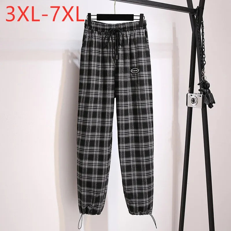 New 2021 Ladies Autumn Winter Plus Size Women Clothing Jogger Pants For Women Large Loose Pocket Black Plaid Long Trousers  7XL