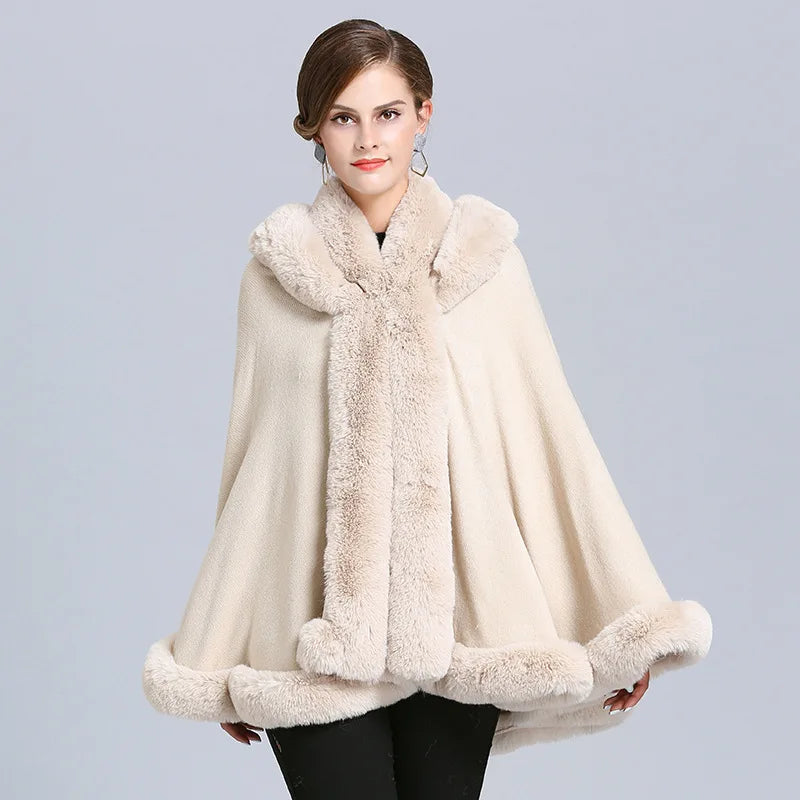 5 Color Winter Thick Warm Grey Black Poncho Cape Women Faux Fur Neck Knitted Cloak Big Pendulum Loose Cardigan Coat With Hat