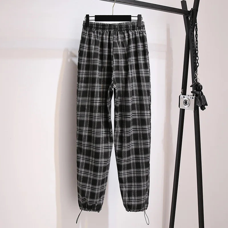 New 2021 Ladies Autumn Winter Plus Size Women Clothing Jogger Pants For Women Large Loose Pocket Black Plaid Long Trousers  7XL