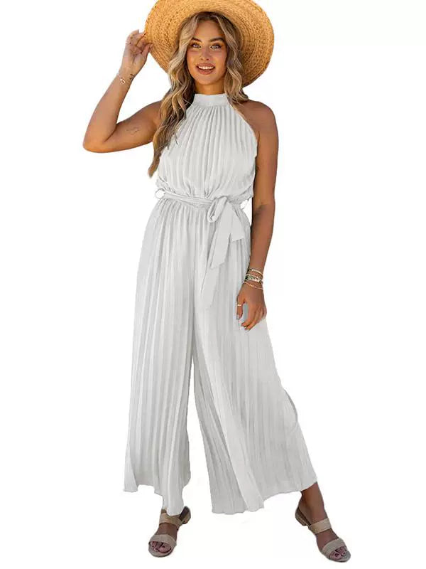 2024 Summer New Arrival Pure Color Halter Jumpsuit Women's Fashion Style Belt Design Casual Women's Wide Leg Jumpsuit