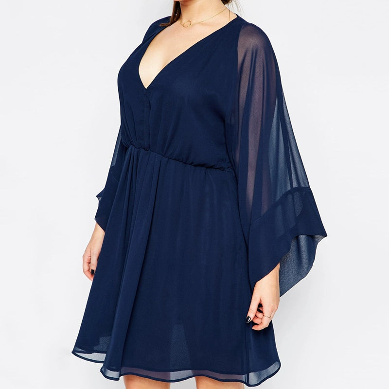 R'l European and American plus Plus Size Chubby Girl Sexy V-neck Chiffon Dress Figure Flattering Flowy Banquet Skirt 1419