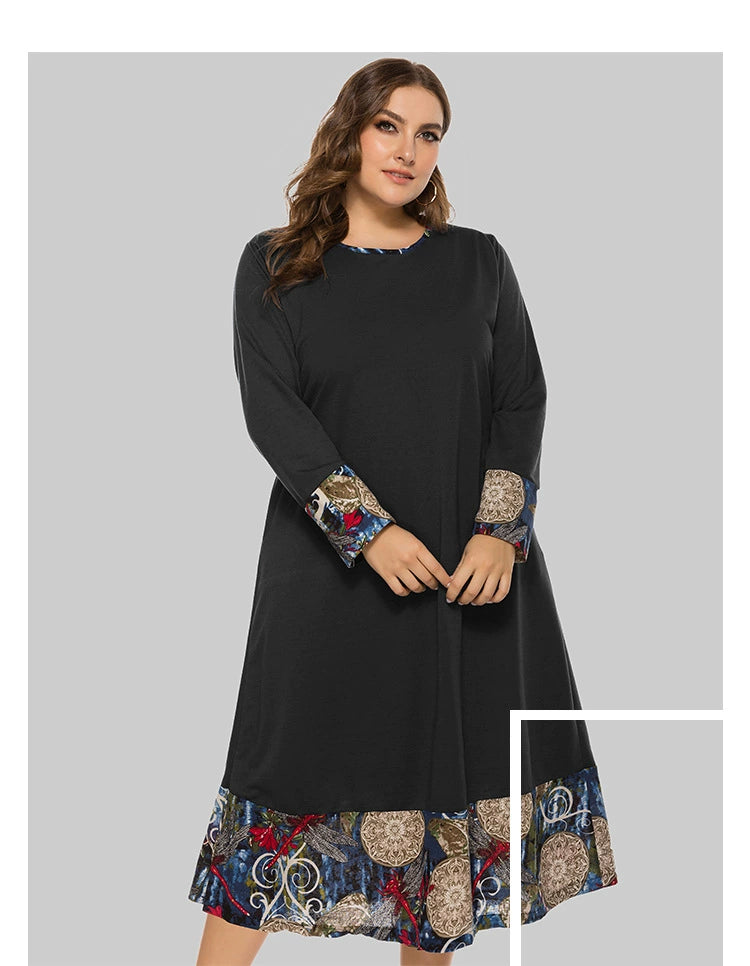 Plus Size Women's Clothing Chubby Girl Ethnic Style Loose Patchwork Long Sleeves Mid Length Long Length Dress Fat Woman Dress