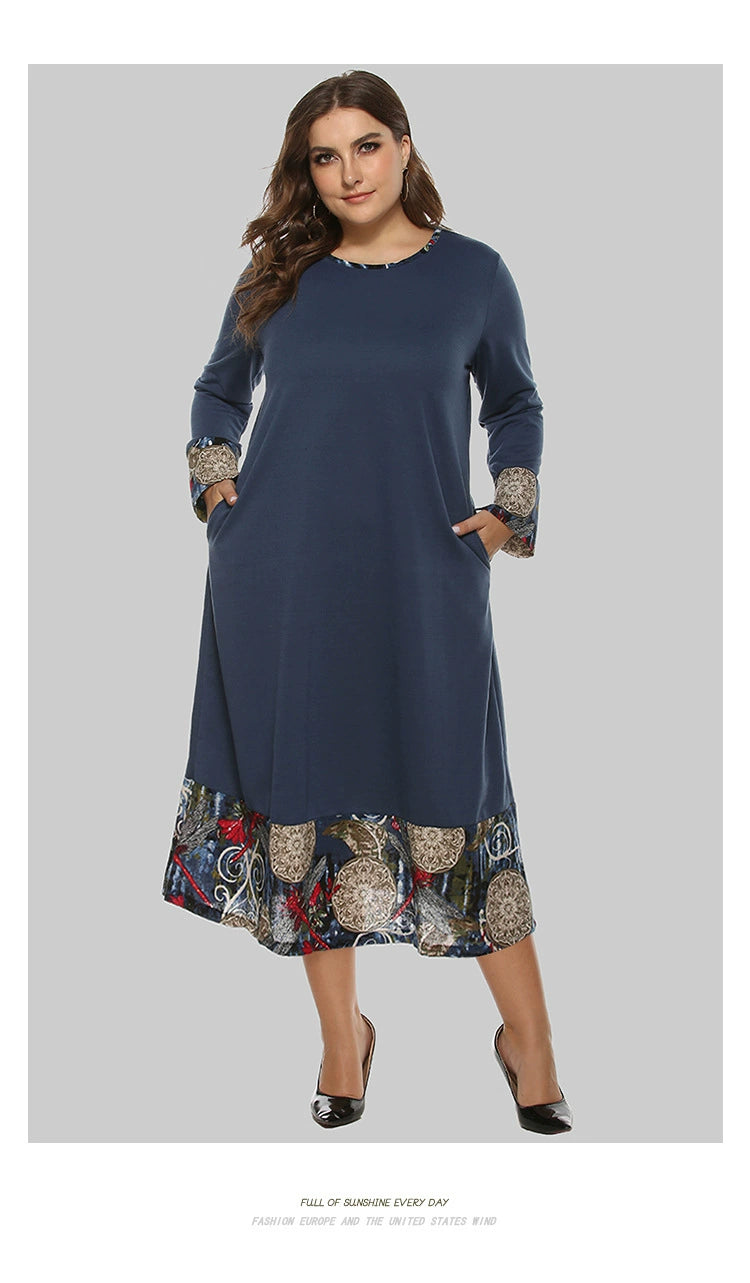 Plus Size Women's Clothing Chubby Girl Ethnic Style Loose Patchwork Long Sleeves Mid Length Long Length Dress Fat Woman Dress