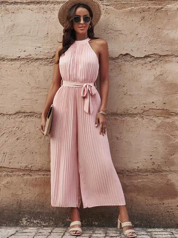 2024 Summer New Arrival Pure Color Halter Jumpsuit Women's Fashion Style Belt Design Casual Women's Wide Leg Jumpsuit