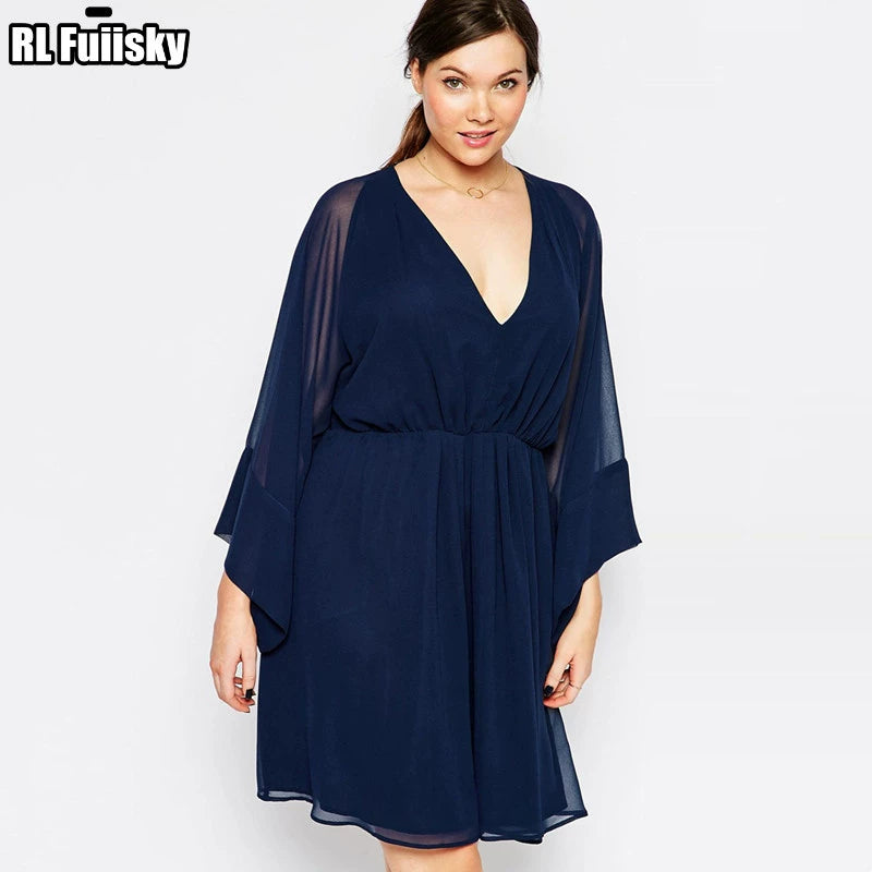 R'l European and American plus Plus Size Chubby Girl Sexy V-neck Chiffon Dress Figure Flattering Flowy Banquet Skirt 1419