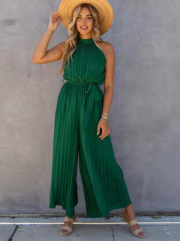 2024 Summer New Arrival Pure Color Halter Jumpsuit Women's Fashion Style Belt Design Casual Women's Wide Leg Jumpsuit