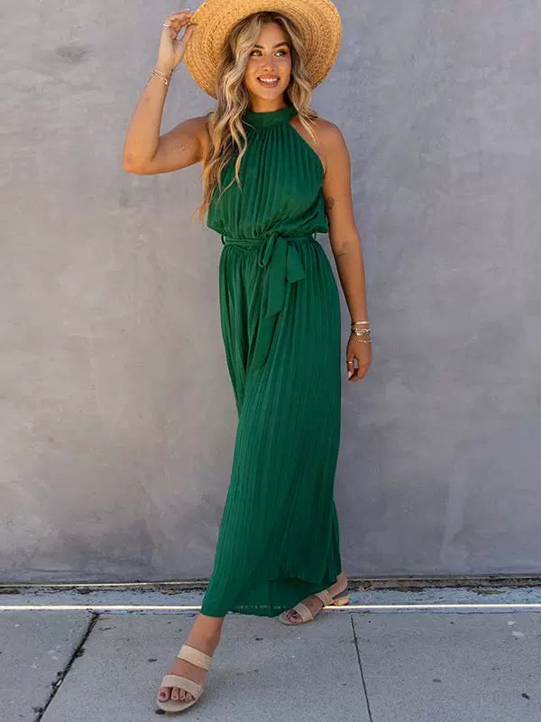 2024 Summer New Arrival Pure Color Halter Jumpsuit Women's Fashion Style Belt Design Casual Women's Wide Leg Jumpsuit