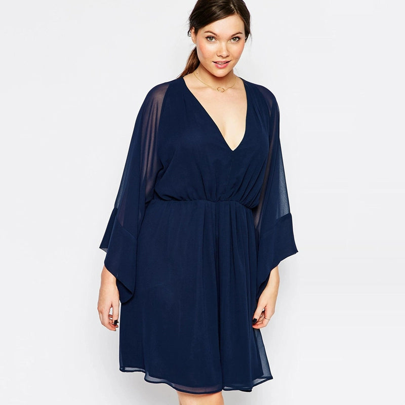 R'l European and American plus Plus Size Chubby Girl Sexy V-neck Chiffon Dress Figure Flattering Flowy Banquet Skirt 1419