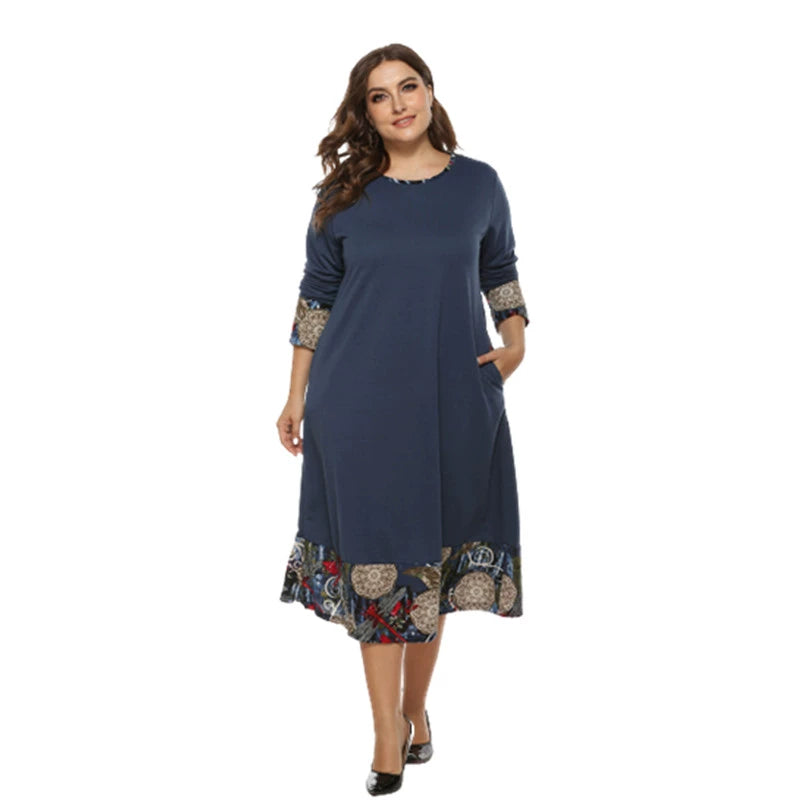 Plus Size Women's Clothing Chubby Girl Ethnic Style Loose Patchwork Long Sleeves Mid Length Long Length Dress Fat Woman Dress