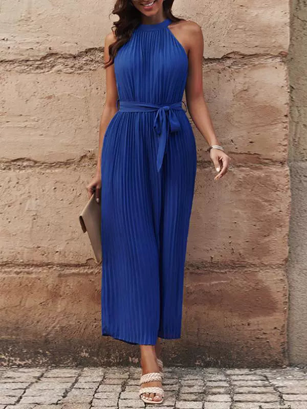 2024 Summer New Arrival Pure Color Halter Jumpsuit Women's Fashion Style Belt Design Casual Women's Wide Leg Jumpsuit