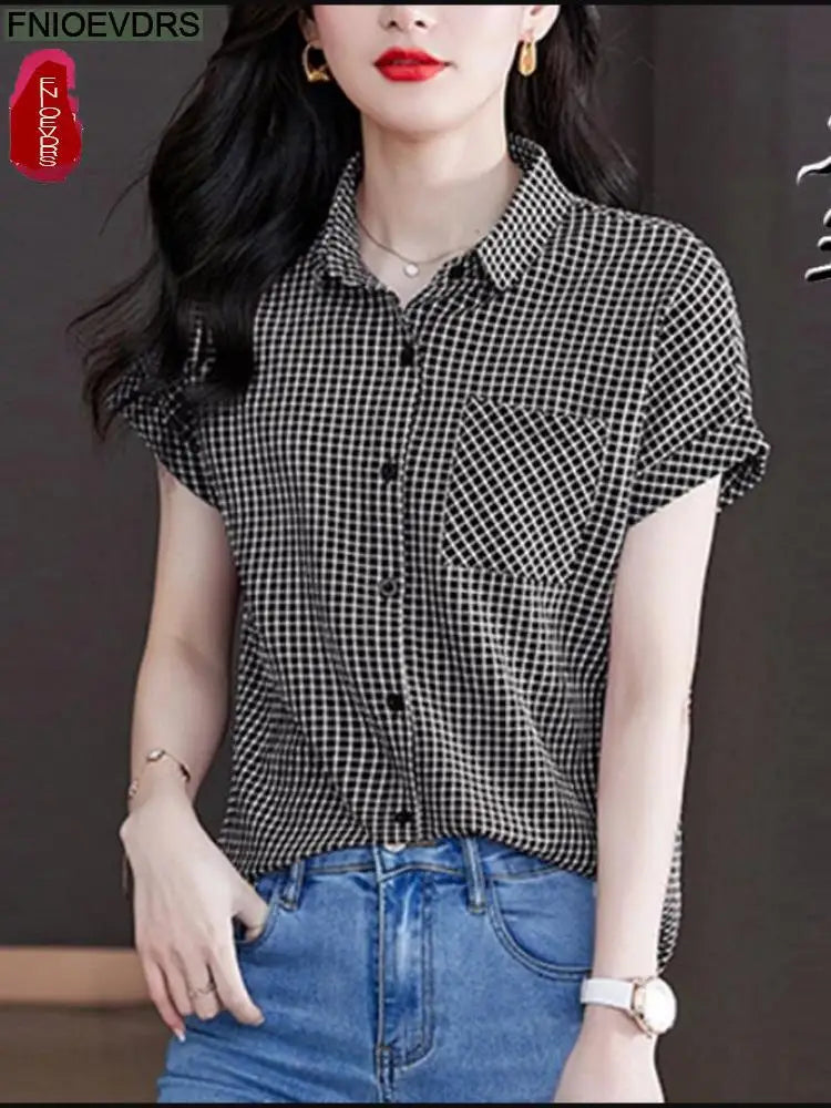 2022 Summer Women Short Sleeve Casual Loose Lazy Red Plaid Shirts Single-Breasted Button Office Lady Tops Blusas