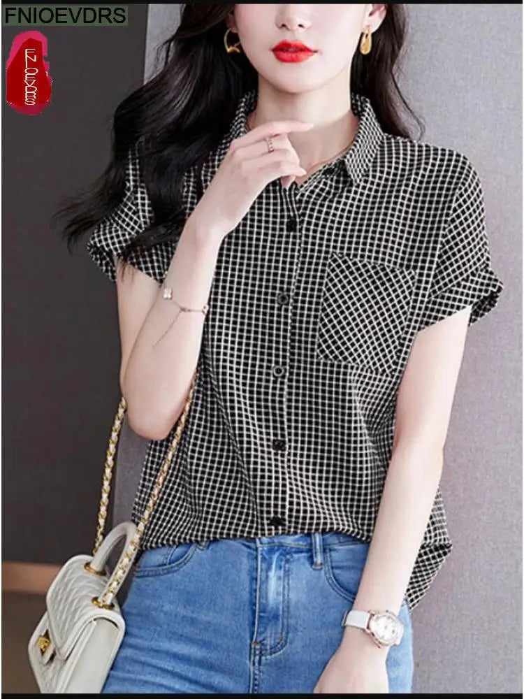 2022 Summer Women Short Sleeve Casual Loose Lazy Red Plaid Shirts Single-Breasted Button Office Lady Tops Blusas