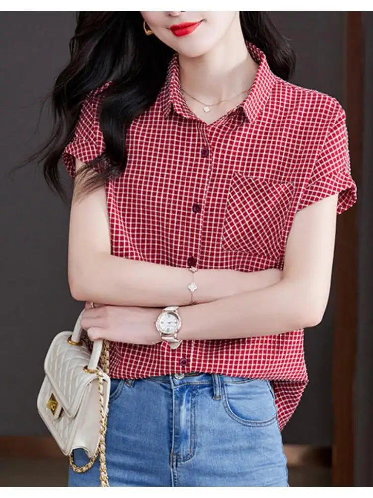 2022 Summer Women Short Sleeve Casual Loose Lazy Red Plaid Shirts Single-Breasted Button Office Lady Tops Blusas