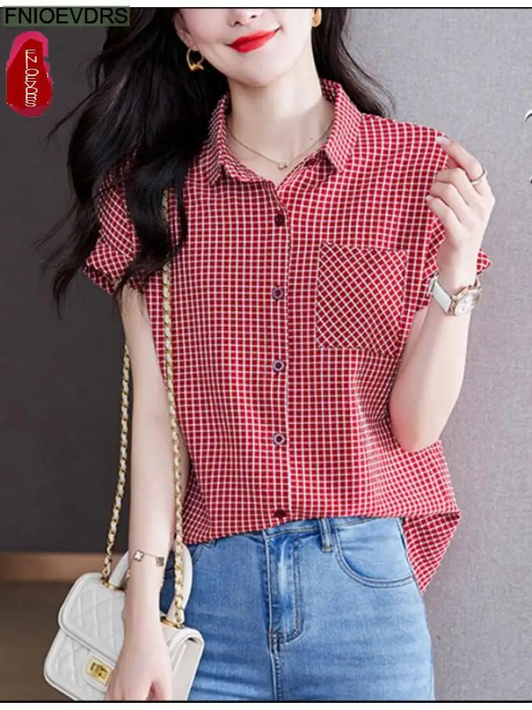 2022 Summer Women Short Sleeve Casual Loose Lazy Red Plaid Shirts Single-Breasted Button Office Lady Tops Blusas