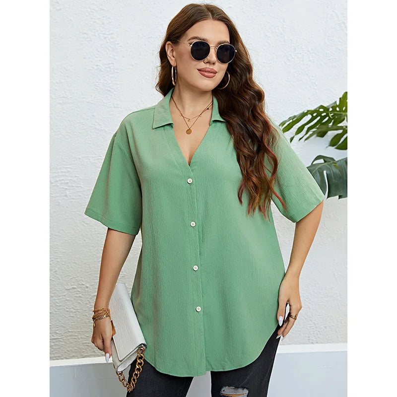 Plus Size Women's Short Sleeve Green Shirt Solid V Neck Office Lady Loose Shirt Oversized Clothing Summer