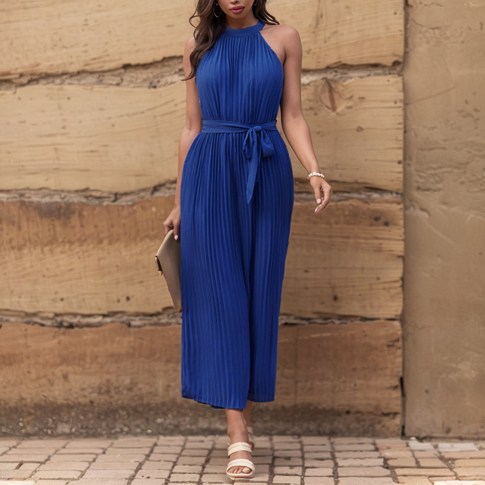 2024 Summer New Arrival Pure Color Halter Jumpsuit Women's Fashion Style Belt Design Casual Women's Wide Leg Jumpsuit