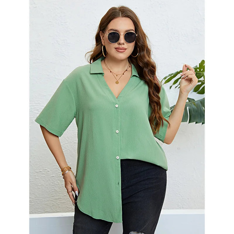 Plus Size Women's Short Sleeve Green Shirt Solid V Neck Office Lady Loose Shirt Oversized Clothing Summer