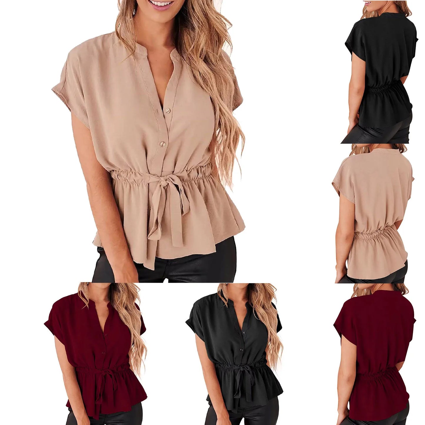 All-matching Peplum Summer Tops for Women Button Down Blouses Bat Short Sleeves Shirt Top Female Casual Chiffon Work Blouse