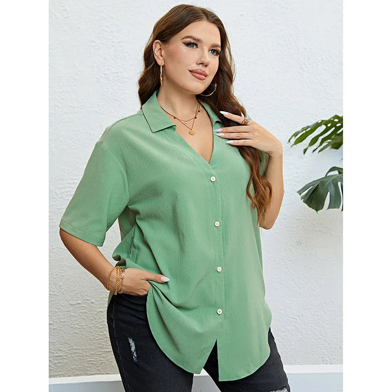 Plus Size Women's Short Sleeve Green Shirt Solid V Neck Office Lady Loose Shirt Oversized Clothing Summer