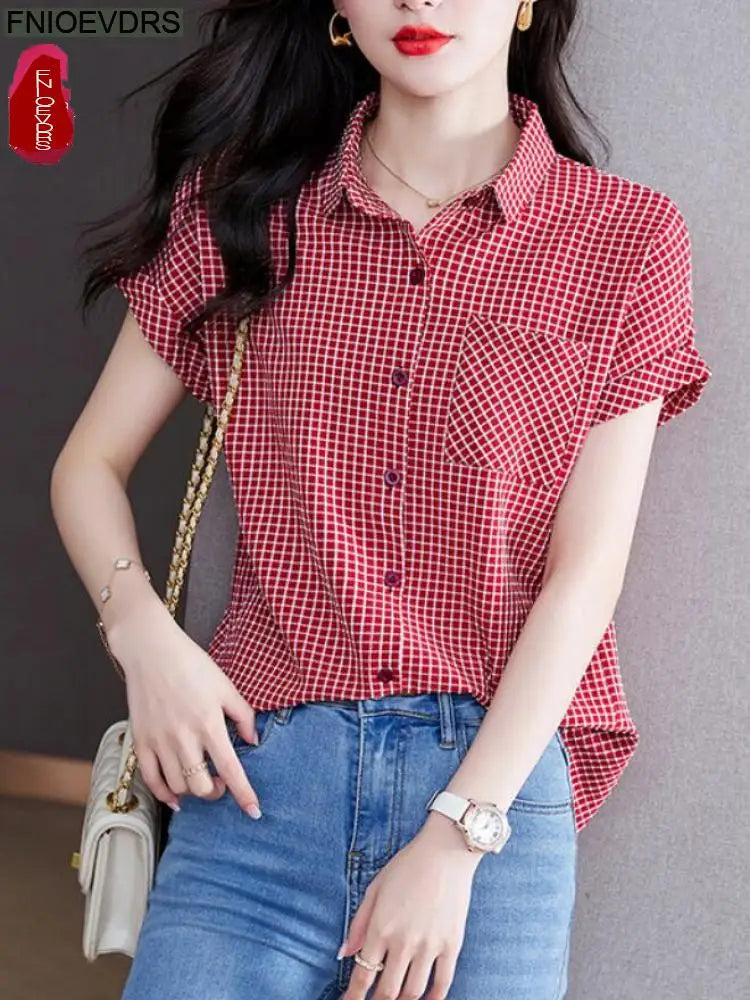 2022 Summer Women Short Sleeve Casual Loose Lazy Red Plaid Shirts Single-Breasted Button Office Lady Tops Blusas